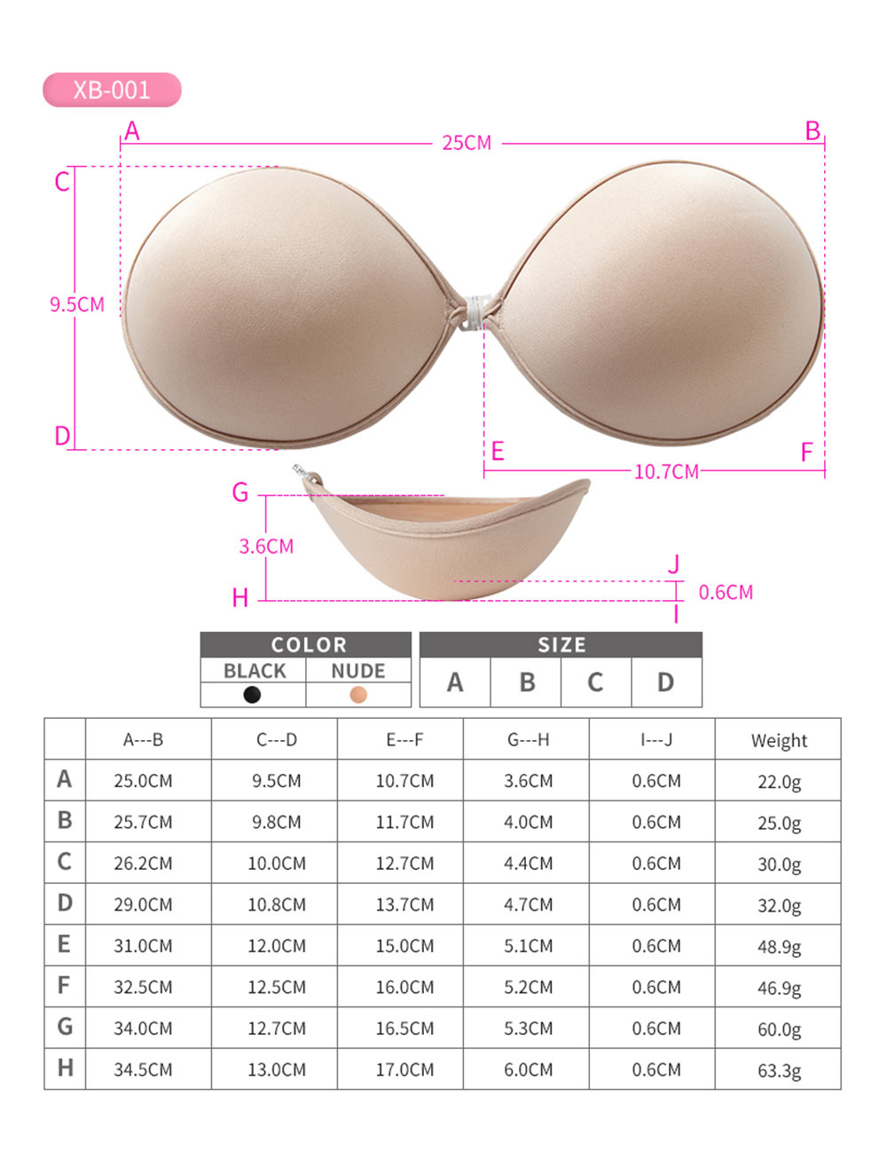 Front and side views of a fabric backed adhesive bra with edge thickness measurements and a size table