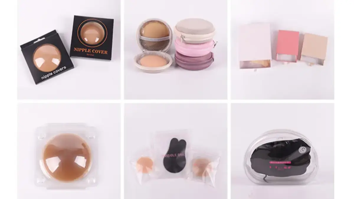 Six packaging formats for nipple pasties and adhesive bras: printed boxes, a round tin, pouches and blister packs